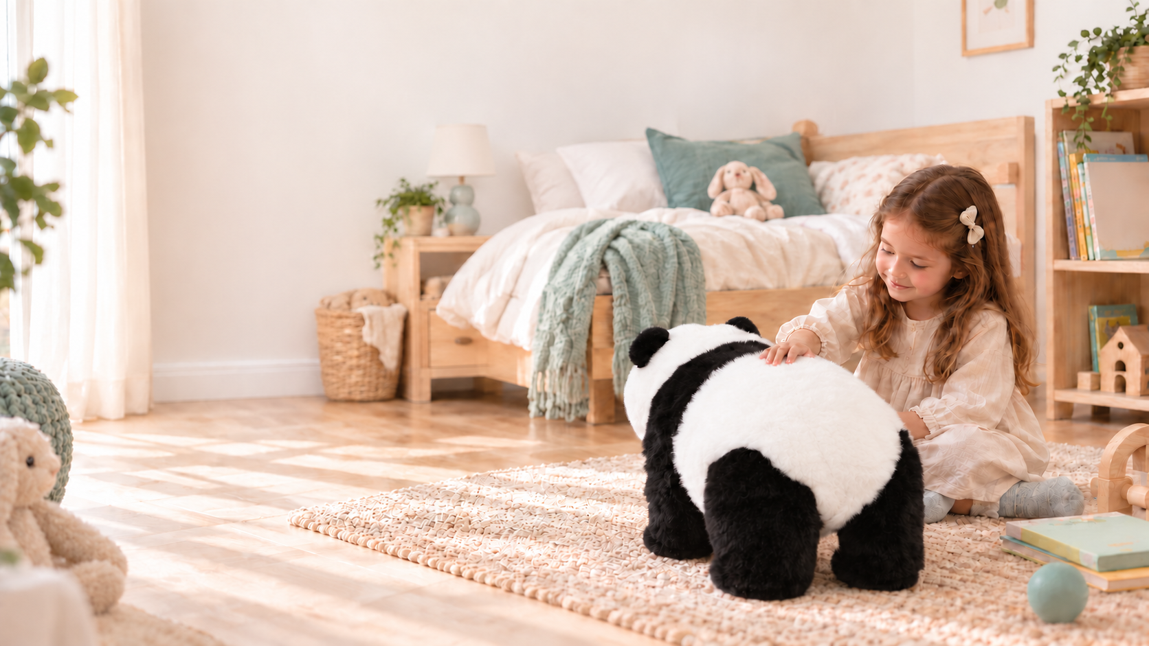 A child gently touching Zpanda in a warm bedroom